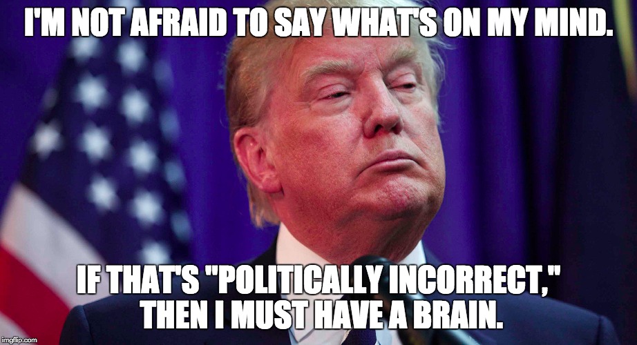 Donald Trump | I'M NOT AFRAID TO SAY WHAT'S ON MY MIND. IF THAT'S "POLITICALLY INCORRECT," THEN I MUST HAVE A BRAIN. | image tagged in trump 2016 | made w/ Imgflip meme maker