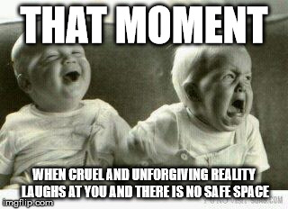 Crying baby | THAT MOMENT; WHEN CRUEL AND UNFORGIVING REALITY LAUGHS AT YOU AND THERE IS NO SAFE SPACE | image tagged in crying baby | made w/ Imgflip meme maker