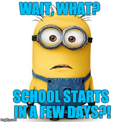 Minions | WAIT, WHAT? SCHOOL STARTS IN A FEW DAYS?! | image tagged in minions | made w/ Imgflip meme maker