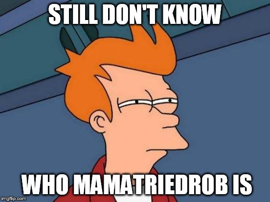 Futurama Fry Meme | STILL DON'T KNOW WHO MAMATRIEDROB IS | image tagged in memes,futurama fry | made w/ Imgflip meme maker