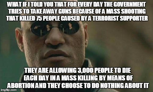 Matrix Morpheus Meme | WHAT IF I TOLD YOU THAT FOR EVERY DAY THE GOVERNMENT TRIES TO TAKE AWAY GUNS BECAUSE OF A MASS SHOOTING THAT KILLED 75 PEOPLE CAUSED BY A TERRORIST SUPPORTER; THEY ARE ALLOWING 3,000 PEOPLE TO DIE EACH DAY IN A MASS KILLING BY MEANS OF ABORTION AND THEY CHOOSE TO DO NOTHING ABOUT IT | image tagged in memes,matrix morpheus | made w/ Imgflip meme maker