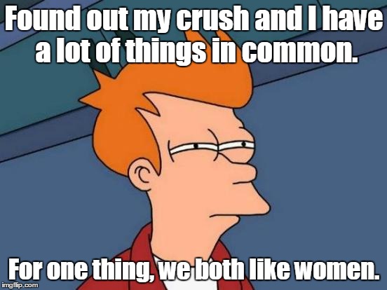 Futurama Fry Meme | Found out my crush and I have a lot of things in common. For one thing, we both like women. | image tagged in memes,futurama fry | made w/ Imgflip meme maker