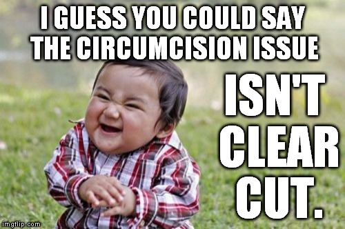 I told my mother about an online debate I was in and said this. Then I realized that I had unintentionally made a joke. |  I GUESS YOU COULD SAY THE CIRCUMCISION ISSUE; ISN'T CLEAR CUT. | image tagged in memes,evil toddler,circumcision,funny | made w/ Imgflip meme maker