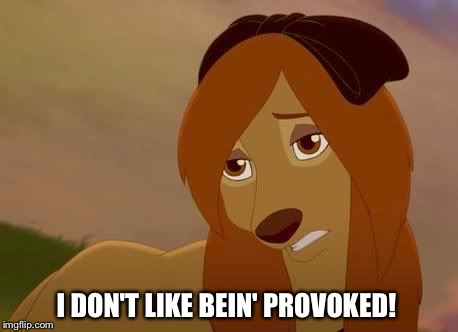 I Don't Like Bein' Provoked! | I DON'T LIKE BEIN' PROVOKED! | image tagged in dixie,memes,disney,the fox and the hound 2,reba mcentire,dog | made w/ Imgflip meme maker
