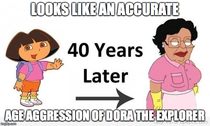 Age Aggression of Dora the Explorer | LOOKS LIKE AN ACCURATE; AGE AGGRESSION OF DORA THE EXPLORER | image tagged in dora the explorer,family guy,consuela,memes | made w/ Imgflip meme maker