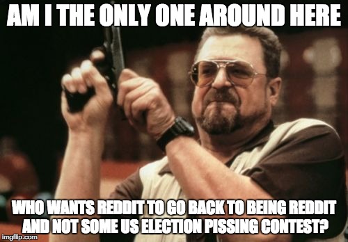 Am I The Only One Around Here Meme | AM I THE ONLY ONE AROUND HERE; WHO WANTS REDDIT TO GO BACK TO BEING REDDIT AND NOT SOME US ELECTION PISSING CONTEST? | image tagged in memes,am i the only one around here,AdviceAnimals | made w/ Imgflip meme maker