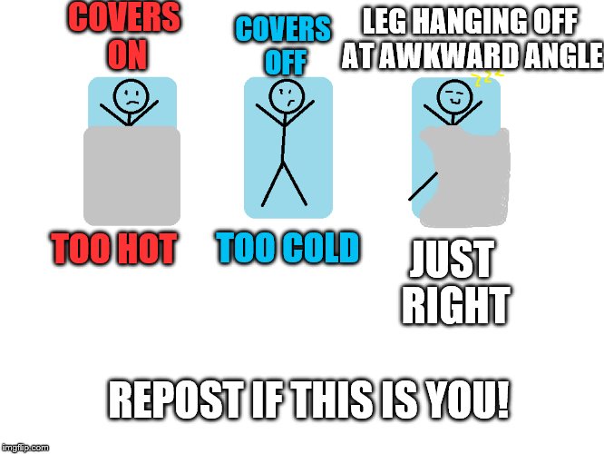This is totally me! | COVERS ON; COVERS OFF; LEG HANGING OFF AT AWKWARD ANGLE; JUST RIGHT; TOO COLD; TOO HOT; REPOST IF THIS IS YOU! | image tagged in sleep,hot,cold,meme,funny meme | made w/ Imgflip meme maker