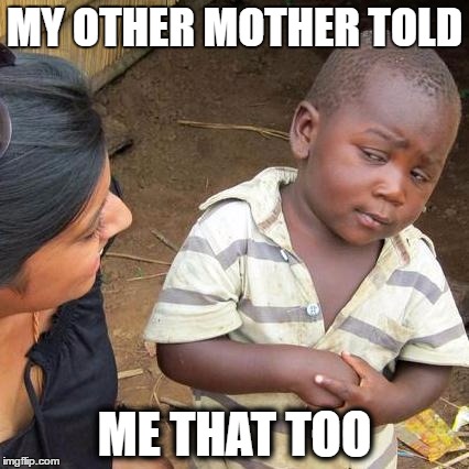 Third World Skeptical Kid | MY OTHER MOTHER TOLD; ME THAT TOO | image tagged in memes,third world skeptical kid | made w/ Imgflip meme maker