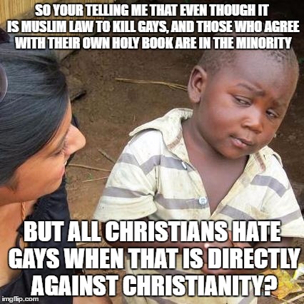 Third World Skeptical Kid | SO YOUR TELLING ME THAT EVEN THOUGH IT IS MUSLIM LAW TO KILL GAYS, AND THOSE WHO AGREE WITH THEIR OWN HOLY BOOK ARE IN THE MINORITY; BUT ALL CHRISTIANS HATE GAYS WHEN THAT IS DIRECTLY AGAINST CHRISTIANITY? | image tagged in memes,third world skeptical kid,politics,muslim,christianity,gay | made w/ Imgflip meme maker