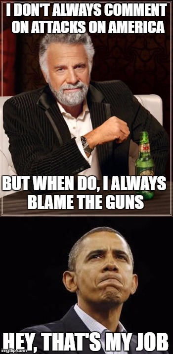 He Stole My Line | I DON'T ALWAYS COMMENT ON ATTACKS ON AMERICA; BUT WHEN DO, I ALWAYS BLAME THE GUNS; HEY, THAT'S MY JOB | image tagged in obama,i don't always,the most interesting man in the world,orlando shooting,orlando | made w/ Imgflip meme maker