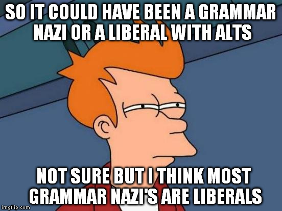 Futurama Fry Meme | SO IT COULD HAVE BEEN A GRAMMAR NAZI OR A LIBERAL WITH ALTS NOT SURE BUT I THINK MOST GRAMMAR NAZI'S ARE LIBERALS | image tagged in memes,futurama fry | made w/ Imgflip meme maker