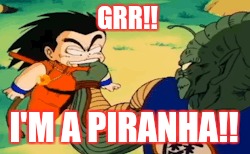 Kid Goku Bite | GRR!! I'M A PIRANHA!! | image tagged in kid goku,goku,piccolo,dragonball | made w/ Imgflip meme maker