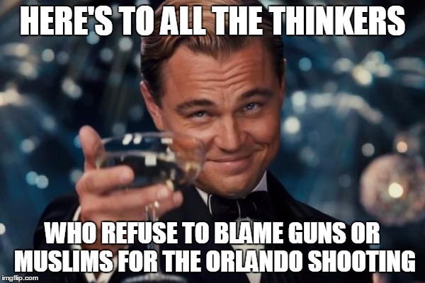 Leonardo Dicaprio Cheers | HERE'S TO ALL THE THINKERS; WHO REFUSE TO BLAME GUNS OR MUSLIMS FOR THE ORLANDO SHOOTING | image tagged in memes,leonardo dicaprio cheers | made w/ Imgflip meme maker
