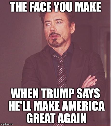 Face You Make Robert Downey Jr Meme | THE FACE YOU MAKE; WHEN TRUMP SAYS HE'LL MAKE AMERICA GREAT AGAIN | image tagged in memes,face you make robert downey jr | made w/ Imgflip meme maker