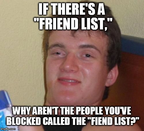 10 Guy | IF THERE'S A "FRIEND LIST,"; WHY AREN'T THE PEOPLE YOU'VE BLOCKED CALLED THE "FIEND LIST?" | image tagged in memes,10 guy | made w/ Imgflip meme maker