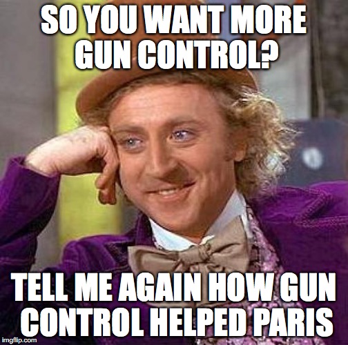 Creepy Condescending Wonka | SO YOU WANT MORE GUN CONTROL? TELL ME AGAIN HOW GUN CONTROL HELPED PARIS | image tagged in memes,creepy condescending wonka | made w/ Imgflip meme maker