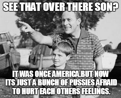 Look Son |  SEE THAT OVER THERE SON? IT WAS ONCE AMERICA.BUT NOW ITS JUST A BUNCH OF PUSSIES AFRAID TO HURT EACH OTHERS FEELINGS. | image tagged in memes,look son | made w/ Imgflip meme maker