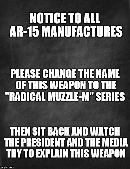 black blank | NOTICE TO ALL AR-15 MANUFACTURES; PLEASE CHANGE THE NAME OF THIS WEAPON TO THE "RADICAL MUZZLE-M" SERIES; THEN SIT BACK AND WATCH THE PRESIDENT AND THE MEDIA TRY TO EXPLAIN THIS WEAPON | image tagged in black blank | made w/ Imgflip meme maker