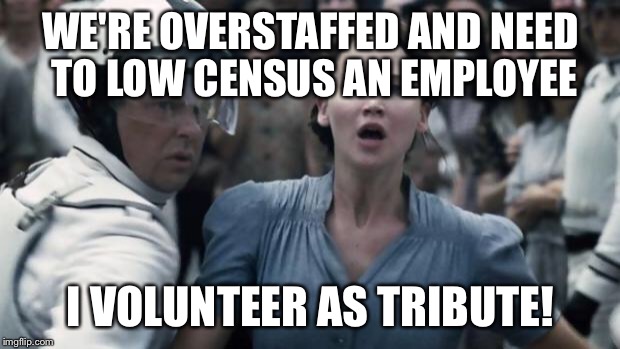 hunger games | WE'RE OVERSTAFFED AND NEED TO LOW CENSUS AN EMPLOYEE; I VOLUNTEER AS TRIBUTE! | image tagged in hunger games | made w/ Imgflip meme maker