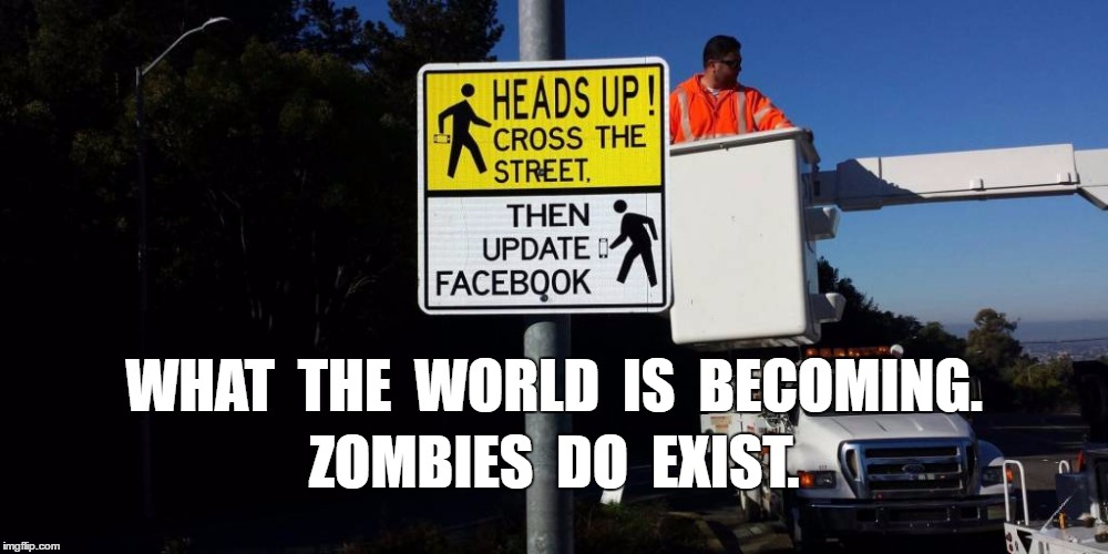 Facebook sign. | WHAT  THE  WORLD  IS  BECOMING. ZOMBIES  DO  EXIST. | image tagged in reality,meme | made w/ Imgflip meme maker