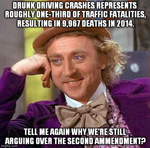 Creepy Condescending Wonka | DRUNK DRIVING CRASHES REPRESENTS ROUGHLY ONE-THIRD OF TRAFFIC FATALITIES, RESULTING IN 9,967 DEATHS IN 2014. TELL ME AGAIN WHY WE'RE STILL ARGUING OVER THE SECOND AMMENDMENT? | image tagged in memes,creepy condescending wonka | made w/ Imgflip meme maker