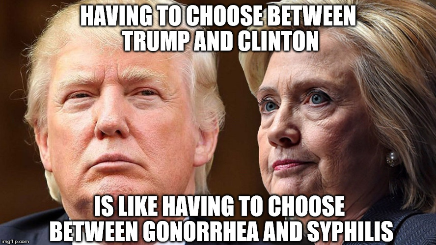 Trump Hilary |  HAVING TO CHOOSE BETWEEN TRUMP AND CLINTON; IS LIKE HAVING TO CHOOSE BETWEEN GONORRHEA AND SYPHILIS | image tagged in trump hilary | made w/ Imgflip meme maker