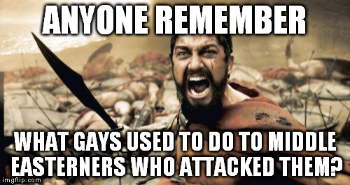 Sparta Leonidas | ANYONE REMEMBER; WHAT GAYS USED TO DO TO MIDDLE EASTERNERS WHO ATTACKED THEM? | image tagged in memes,sparta leonidas | made w/ Imgflip meme maker