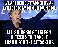 Hillary Clinton Heiling | WE ARE BEING ATTACKED BY AN EVIL IDEOLOGY ON OUR OWN SOIL; LET'S DISARM AMERICAN CITIZENS TO MAKE IT EASIER FOR THE ATTACKERS | image tagged in hillary clinton heiling | made w/ Imgflip meme maker