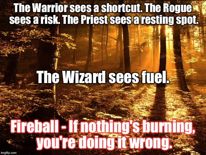 The Warrior sees a shortcut. The Rogue sees a risk. The Priest sees a resting spot. The Wizard sees fuel. Fireball - If nothing's burning, you're doing it wrong. | made w/ Imgflip meme maker