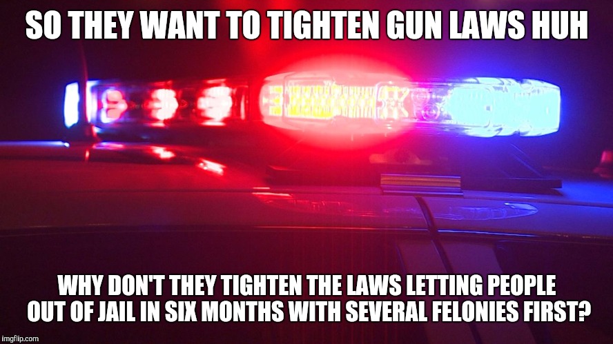 Police Lights | SO THEY WANT TO TIGHTEN GUN LAWS HUH; WHY DON'T THEY TIGHTEN THE LAWS LETTING PEOPLE OUT OF JAIL IN SIX MONTHS WITH SEVERAL FELONIES FIRST? | image tagged in police lights | made w/ Imgflip meme maker