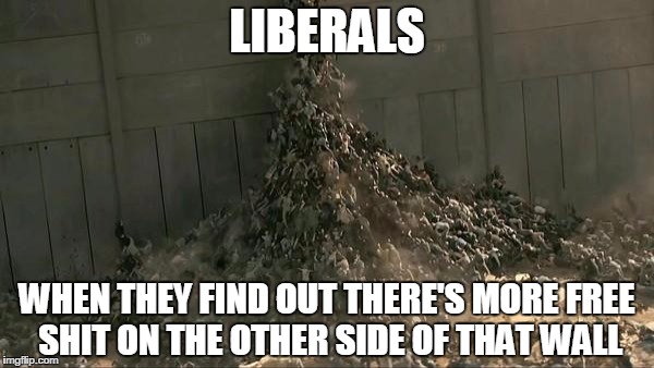 World War Z Meme | LIBERALS; WHEN THEY FIND OUT THERE'S MORE FREE SHIT ON THE OTHER SIDE OF THAT WALL | image tagged in world war z meme | made w/ Imgflip meme maker