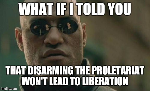 Matrix Morpheus Meme | WHAT IF I TOLD YOU; THAT DISARMING THE PROLETARIAT WON'T LEAD TO LIBERATION | image tagged in memes,matrix morpheus | made w/ Imgflip meme maker