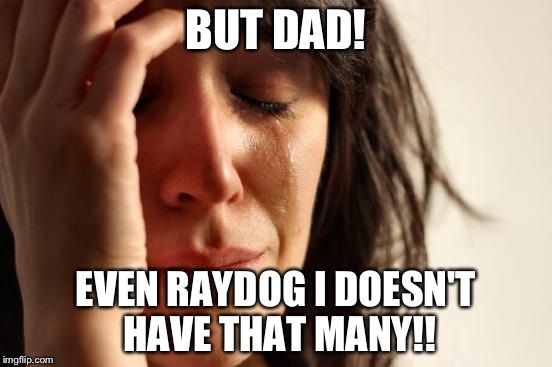 First World Problems Meme | BUT DAD! EVEN RAYDOG I DOESN'T HAVE THAT MANY!! | image tagged in memes,first world problems | made w/ Imgflip meme maker