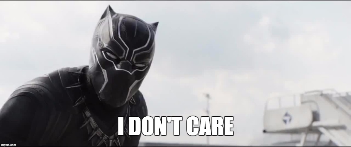 T'Challa Doesn't Care | I DON'T CARE | image tagged in black panther,marvel civil war,marvel cinematic universe,marvel,i don't care | made w/ Imgflip meme maker