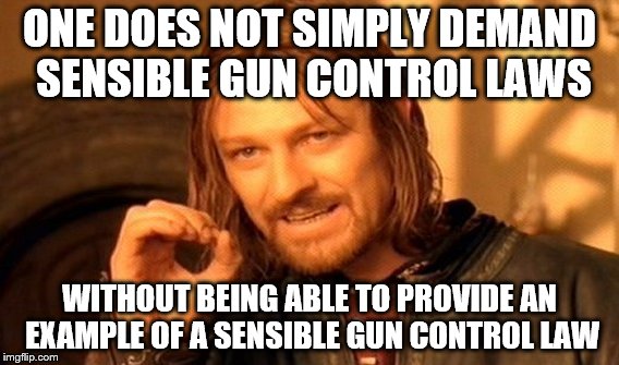 One Does Not Simply Meme | ONE DOES NOT SIMPLY DEMAND SENSIBLE GUN CONTROL LAWS; WITHOUT BEING ABLE TO PROVIDE AN EXAMPLE OF A SENSIBLE GUN CONTROL LAW | image tagged in memes,one does not simply | made w/ Imgflip meme maker