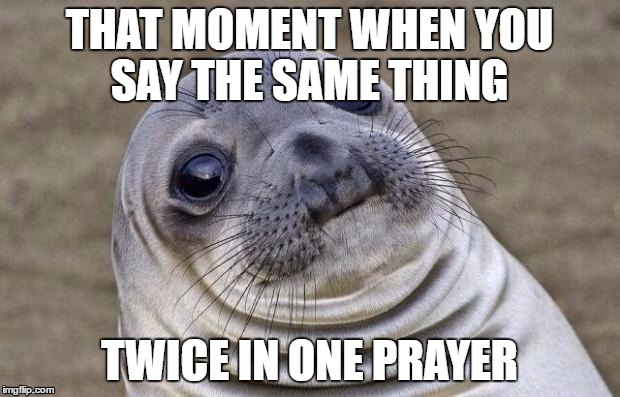 Another day at the dinner table | THAT MOMENT WHEN YOU SAY THE SAME THING; TWICE IN ONE PRAYER | image tagged in memes,awkward moment sealion | made w/ Imgflip meme maker