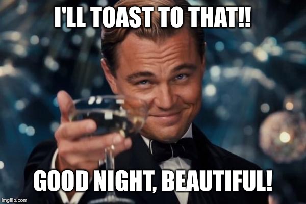 Leonardo Dicaprio Cheers Meme | I'LL TOAST TO THAT!! GOOD NIGHT, BEAUTIFUL! | image tagged in memes,leonardo dicaprio cheers | made w/ Imgflip meme maker