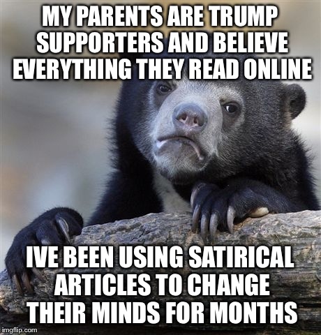 Confession Bear | MY PARENTS ARE TRUMP SUPPORTERS AND BELIEVE EVERYTHING THEY READ ONLINE; IVE BEEN USING SATIRICAL ARTICLES TO CHANGE THEIR MINDS FOR MONTHS | image tagged in memes,confession bear,AdviceAnimals | made w/ Imgflip meme maker