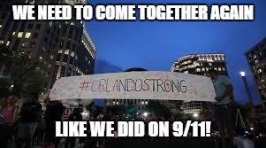 Orlando Shooting.  | WE NEED TO COME TOGETHER AGAIN; LIKE WE DID ON 9/11! | image tagged in orlando shooting,9/11,lgbt,trump 2016,donald trump,trump | made w/ Imgflip meme maker