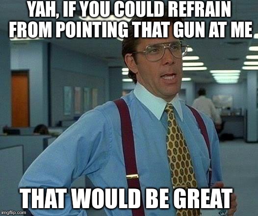 That Would Be Great Meme | YAH, IF YOU COULD REFRAIN FROM POINTING THAT GUN AT ME; THAT WOULD BE GREAT | image tagged in memes,that would be great | made w/ Imgflip meme maker