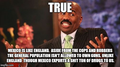 Steve Harvey Meme | TRUE MEXICO IS LIKE ENGLAND.  ASIDE FROM THE COPS AND ROBBERS THE GENERAL POPULATION ISN'T ALLOWED TO OWN GUNS. UNLIKE ENGLAND  THOUGH MEXIC | image tagged in memes,steve harvey | made w/ Imgflip meme maker