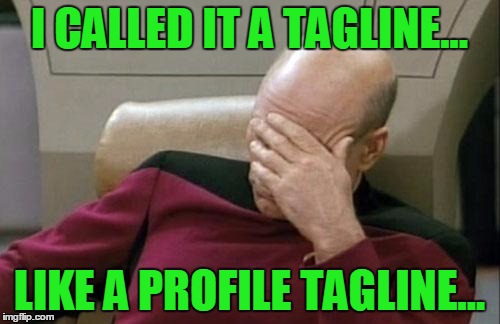 Captain Picard Facepalm Meme | I CALLED IT A TAGLINE... LIKE A PROFILE TAGLINE... | image tagged in memes,captain picard facepalm | made w/ Imgflip meme maker