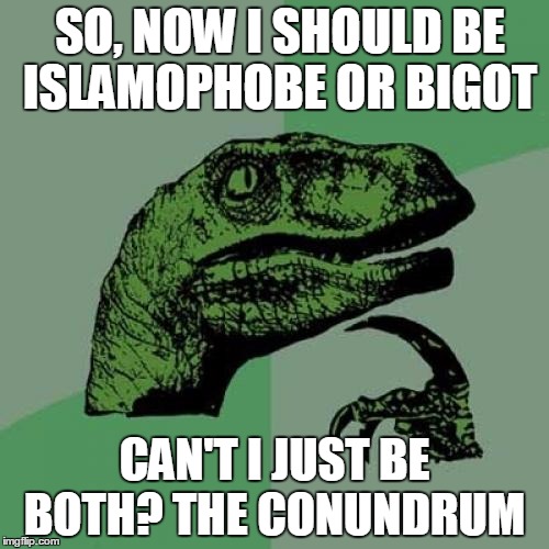 In times like this, the event in Orlando does not give clear answers | SO, NOW I SHOULD BE ISLAMOPHOBE OR BIGOT; CAN'T I JUST BE BOTH? THE CONUNDRUM | image tagged in memes,philosoraptor,orlando shooting | made w/ Imgflip meme maker