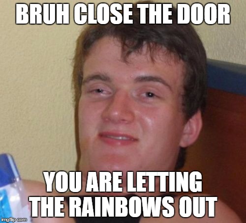 HIGH AF | BRUH CLOSE THE DOOR; YOU ARE LETTING THE RAINBOWS OUT | image tagged in memes,10 guy,bruh,high,weed,rainbows | made w/ Imgflip meme maker