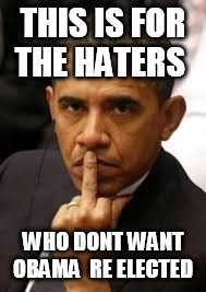 THIS IS FOR THE HATERS; WHO DONT WANT OBAMA  RE ELECTED | image tagged in obama,fuck you | made w/ Imgflip meme maker