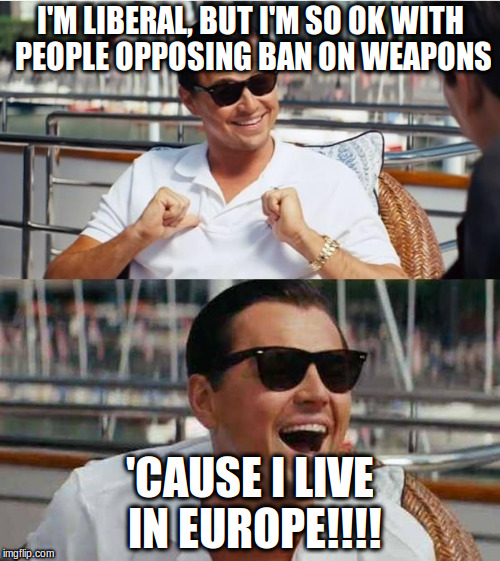 Leonardo di caprio |  I'M LIBERAL, BUT I'M SO OK WITH PEOPLE OPPOSING BAN ON WEAPONS; 'CAUSE I LIVE IN EUROPE!!!! | image tagged in leonardo di caprio | made w/ Imgflip meme maker