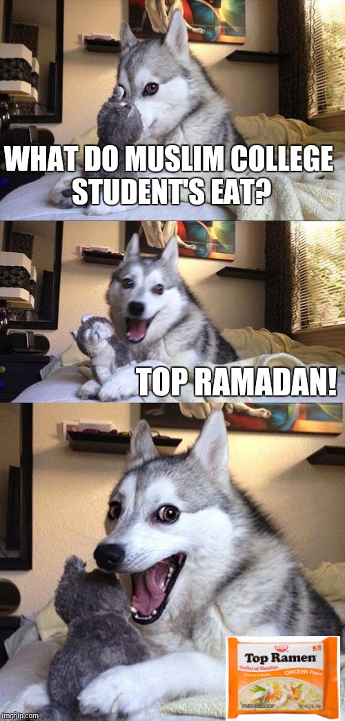 Bad Pun Dog Meme | WHAT DO MUSLIM COLLEGE STUDENT'S EAT? TOP RAMADAN! | image tagged in memes,bad pun dog | made w/ Imgflip meme maker