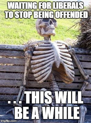 Waiting Skeleton Meme | WAITING FOR LIBERALS TO STOP BEING OFFENDED; . . . THIS WILL BE A WHILE | image tagged in memes,waiting skeleton | made w/ Imgflip meme maker