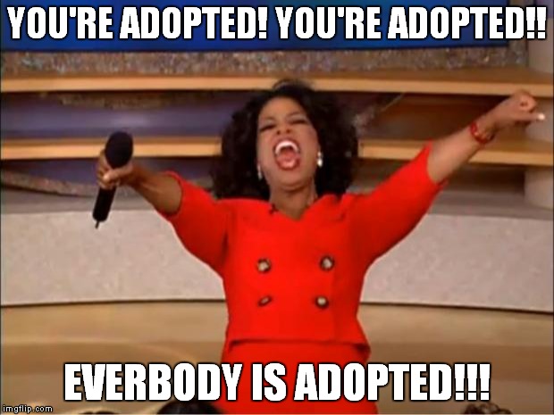 Oprah You Get A Meme | YOU'RE ADOPTED! YOU'RE ADOPTED!! EVERBODY IS ADOPTED!!! | image tagged in memes,oprah you get a | made w/ Imgflip meme maker