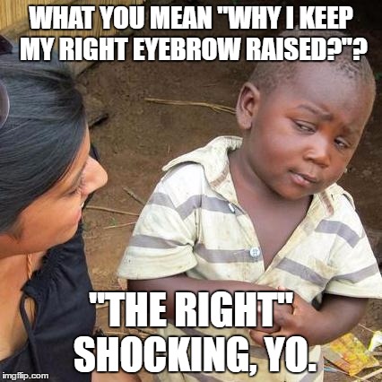 What You Meme? |  WHAT YOU MEAN "WHY I KEEP MY RIGHT EYEBROW RAISED?"? "THE RIGHT" SHOCKING, YO. | image tagged in memes,third world skeptical kid | made w/ Imgflip meme maker